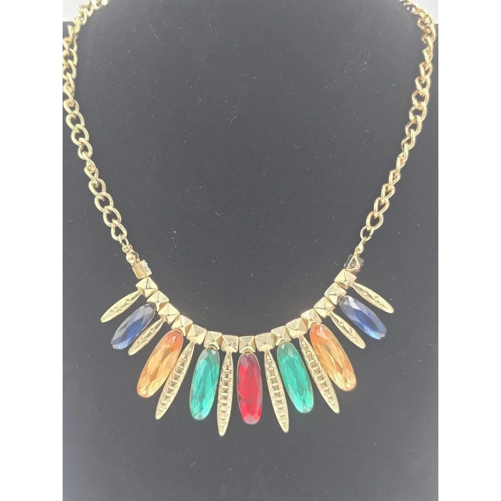 Gold Tone Multi-Color Gemstone Bib Statement‎ Necklace Fashion Jewelry